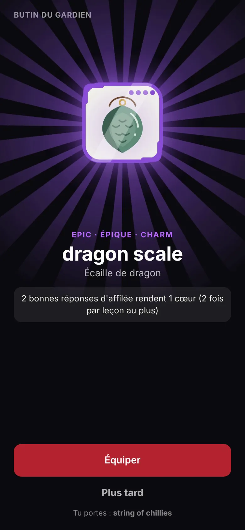 Un butin épique : une écaille de dragon à équiper.
