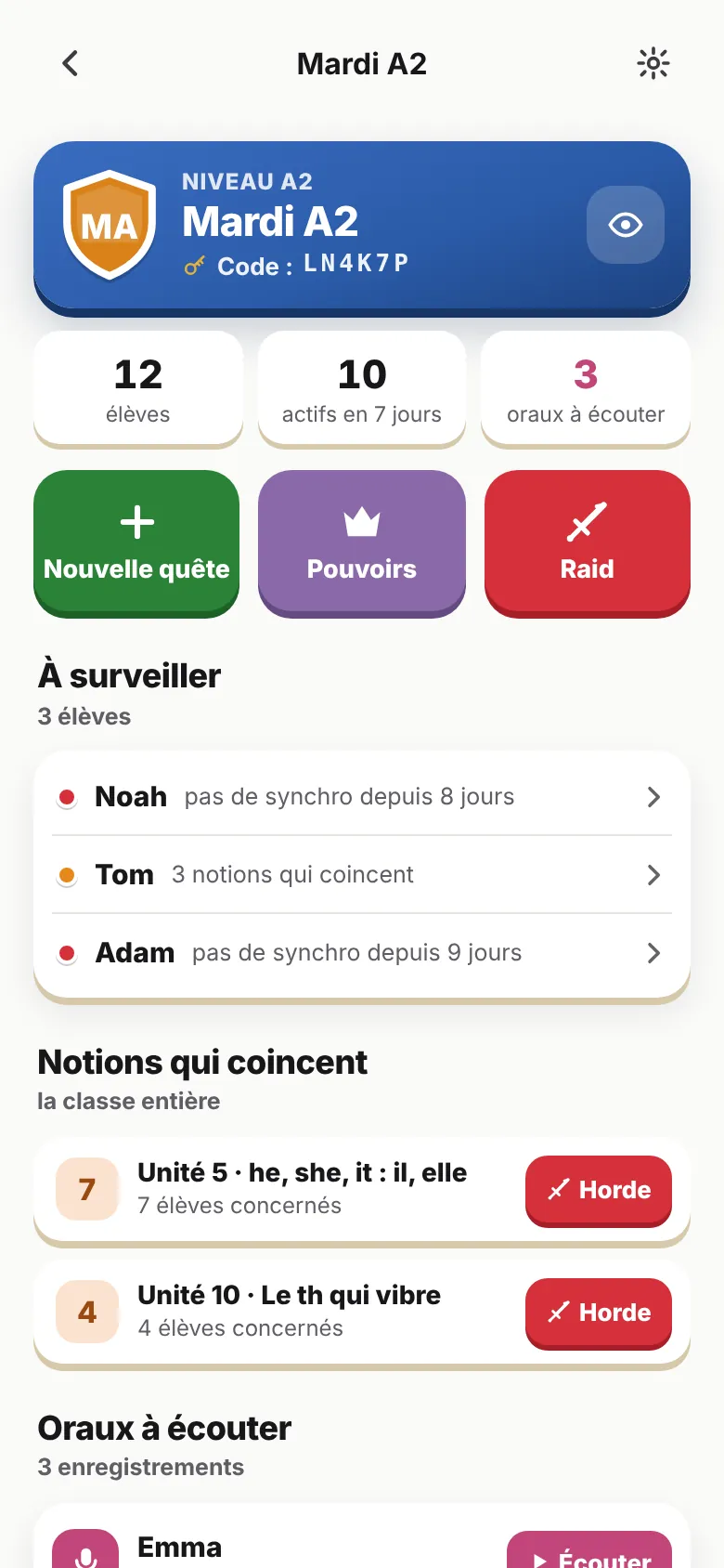 La console du prof : sa classe, les élèves à aider, les notions qui coincent